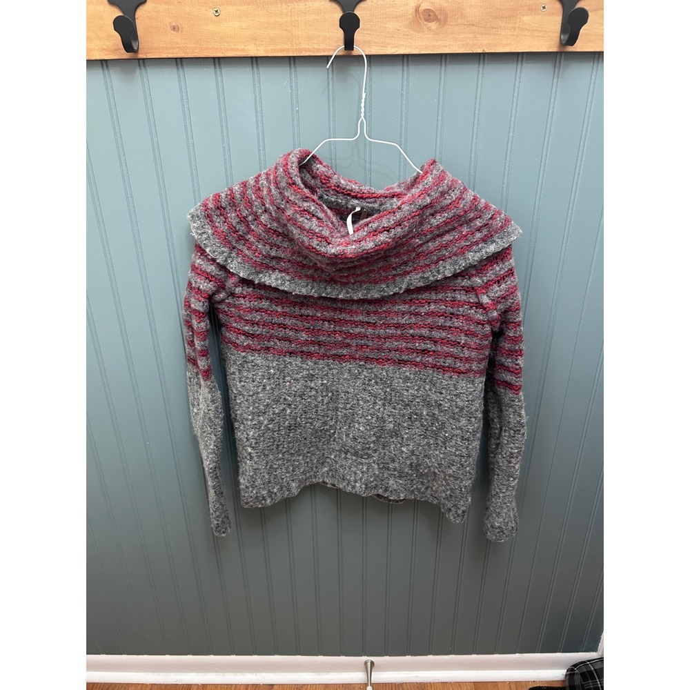 Free People Cowl Neck Sweater Grey Red Striped‎ Wool Mohair Blend Large OB440181